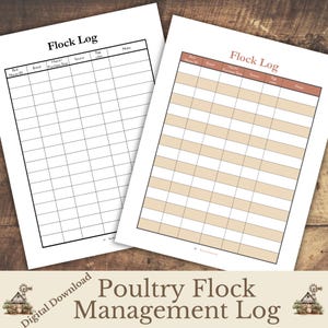May include: Two printable "Flock Log" sheets. One is white with black text, the other is tan with brown text. The logs have columns for bird name/ID, breed, hatch/purchase date, source, egg color, and notes. The bottom of the image reads "Poultry Flock Management Log".