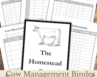 May include: A collection of black and white printable farm management forms including a Meat Yield log, Milking Log, Cow Breeding Record, Cow Heat Cycle tracker, and Feed Inventory sheet, all featuring a central illustration of a cow.