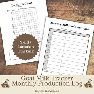 Op de afbeelding: Twee witte papieren formulieren voor het bijhouden van de geitenmelkproductie. Eén blad is getiteld Lactation Chart met een raster voor dagelijkse productie. De andere is getiteld Monthly Milk Yield Averages met rijen voor elke maand. Een bruine sterfiguur bevat de tekst Yield + Lactation Tracking.