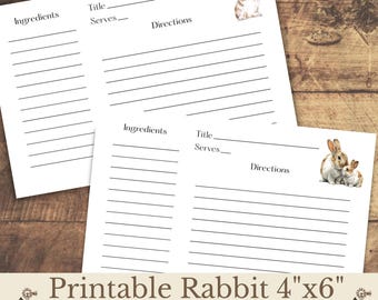 Rabbit Recipe Cards Printable, Watercolor Farmhouse Style (Digital Download)