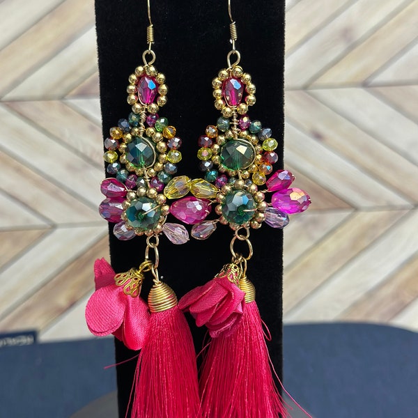 Earrings, Made in Mexico, tassel, flower, pink, multi color, hook, long, dressy, casual, beautiful, beads, gold tone