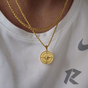 18K Gold Compass Necklace, Mens Necklace, Compass Pendant, Travel Necklace, Stainless Steel, Gift for him, Guidance Necklace
