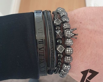 Mens Black Bracelet, Stainless Steel, Black Beaded Bracelet 4 Piece Set, Bracelets For Men, Men Bracelet Set, Bracelet Man, Adjustable,