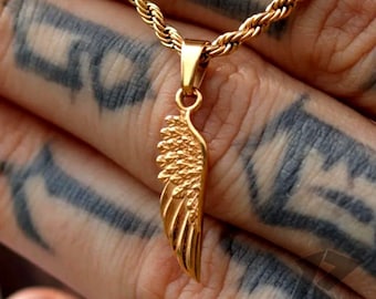Colgante de ala de oro de 18 quilates, colgante para hombre, collar para hombre, acero inoxidable, envío con seguimiento gratuito, regalo para él, ala de ángel de la guarda,