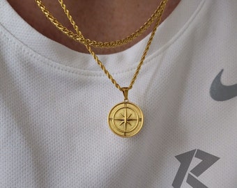18K Gold Compass Necklace, Mens Necklace, Compass Pendant, Travel Necklace, Stainless Steel, Gift for him, Guidance Necklace