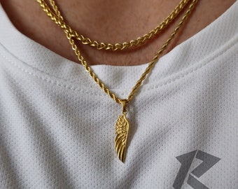 Gold Wing Stainless Steel Necklace Set, Guardian Angel Wing, Mens Gold Pendant, Mens Necklace, Free Tracked Shpping, Gift for him,