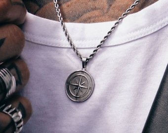 Silver North Star Compass Necklace, Travel Necklace, Stainless Steel, Free Tracked Shipping, Gift for him, Chain & Pendant, Mens Necklace,