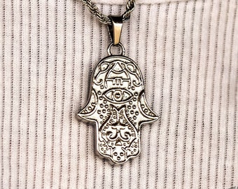 Silver Hamsa Pendant, Stainless Steel, Hamsa Necklace, Mens Pendants, Mens Necklace, Free Tracked Shipping, Chain & Pendant, Gift for him