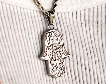 Silver Hamsa Necklace, Stainless Steel, Hamsa Necklace, Mens Pendants, Mens Necklace, Free Tracked Shipping, Chain & Pendant, Gift for him