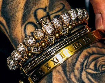 Gold Bracelet Set, Mens bracelet, Men Gold Bracelet, Stainless Steel, Free Tracked Shipping, Gift for him, 4 Piece Set, Beaded, Bracelet set