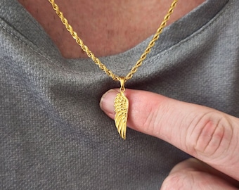 Colgante de ala de ángel de la guarda de 18 quilates, colgante de ala de ángel de oro de 18 quilates para hombre, collar para hombre, acero inoxidable, envío con seguimiento gratuito, regalo para él,
