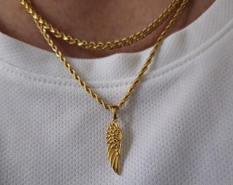 Juego de collar de acero inoxidable con alas de oro de 18 quilates, ala de ángel de la guarda, colgante de oro para hombre, collar para hombre, envío con seguimiento gratuito, regalo para él,