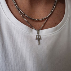 thumbnail image 2 of Silver Punk Trident Three-Pronged Spear Pendant Necklace - 24" Chain Men's Biker Jewelry 2 of 6