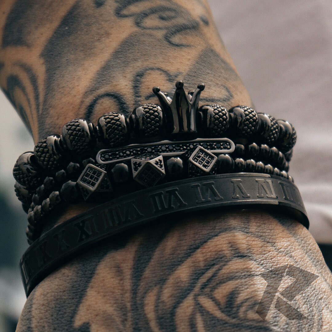 Black Bracelet Set, Mens Bracelet, Bracelets for Men, Stainless Steel, Free Tracked Shipping