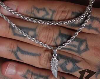 18K Silver Angel Wing Necklace, Mens Pendant, Mens Necklace, Stainless Steel, Free Tracked Shpping, Gift for him, Guardian Angel Wing,