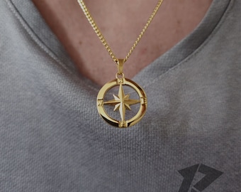 18K Gold North Star Compass Necklace, Mens Gold compass pendant, Gold necklace, North Star necklace for men, Compass Necklace, Men Necklace