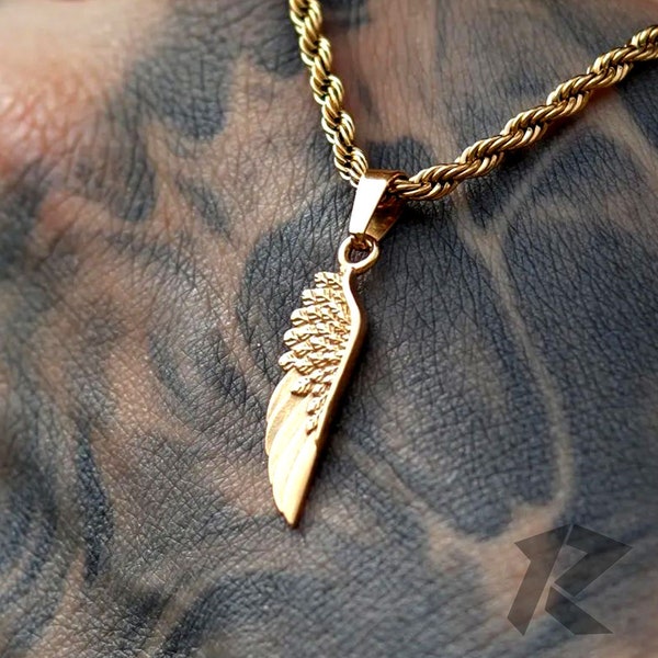 18K Gold Angel Wing Pendant, Mens Pendant, Mens Necklace, Stainless Steel, Free Tracked Shpping, Chain & Pendant, Gift for him,