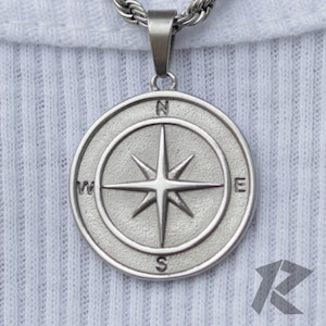 Silver Compass Pendant, Travel Necklace, North Star, Stainless Steel, Free Tracked Shipping, Gift for him, Chain & Pendant, Mens Necklace,