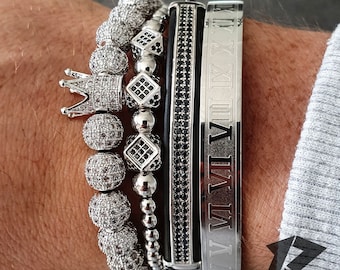 Man Silver Bracelet Set, Mens Bracelet, Stainless Steel, Men Silver Bracelet, Bracelet For Men, Gift for him, Beaded Bracelet, Adjustable,