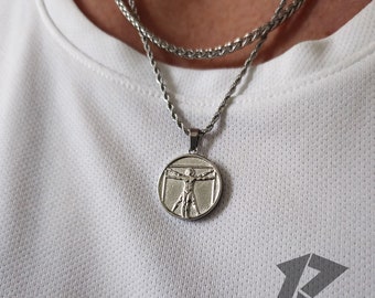 Vitruvian man pendant necklace 2pc Set, Leonardo Da Vinci pendant gift men women, Mens Necklace, Gift for men,