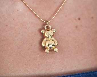18K Gold Teddy Bear Pendant Necklace, Cartoon Teddy Bear Necklace, Womens Necklace, Girls Necklace, Teddy Bear Charm Pendant, Gift for her,