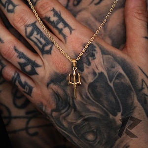 18K Gold Poseidon&#39;s Neptune Trident Pendant Necklace, Mens Trident Pendant, Gold Necklace, Pendant Trident Necklace, Necklace for men,
