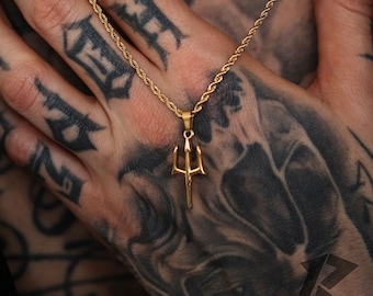 18K Gold Poseidon's Neptune Trident Pendant Necklace, Mens Trident Pendant, Gold Necklace, Pendant Trident Necklace, Necklace for men,