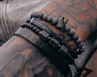 Black Bracelet Set, Bracelets For Men, Stainless Steel, Free Tracked Shipping, Gift for him, Beaded Bracelet Adjustable Set, Gift For Him,