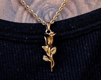 Gold Rose Pendant Necklace, Rose Flower Necklace, Stainless Steel, Free Tracked Shipping, Gift for him, Silver Pendant, Mens Necklace,