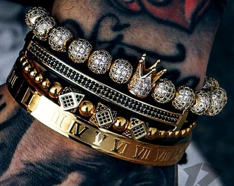 Gold Bracelet Set, Mens bracelet, Men Gold Bracelet, Stainless Steel, Free Tracked Shipping, Gift for him, 4 Piece Set, Beaded,