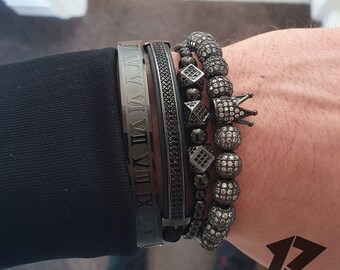 Mens Bracelet Black, Stainless Steel, Black Beaded Bracelet 4 Piece Set, Bracelets For Men, Men Bracelet Set, Bracelet Man, Adjustable,