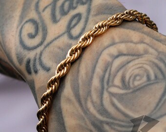 18K Gold Rope 5mm Bracelet, Rope Chain Bracelet, Twisted Rope Bracelet, Mens Bracelet, Stainless Steel, Free Tracked Shipping, Gift for him,