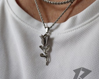 Silver Rose Flower Necklace, 2 Piece Set, Silver Necklace, Free Tracked Shipping, Gift for him, Mens Necklace, Necklaces Men