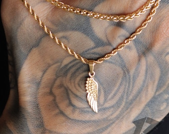 18K Gold Wing Pendant Set, Mens Pendant, Mens Necklace, Stainless Steel, Free Tracked Shpping, Gift for him, Guardian Angel Wing,