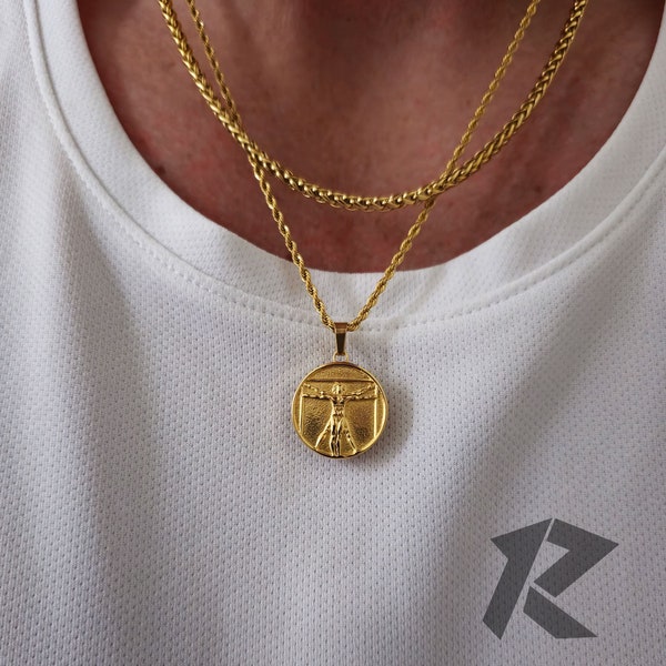 Gold Vitruvian Man Pendant Necklace Set, Leonardo Da Vinci Symbol Gold The Vitruvian Man Charm Necklace, Renaissance Art Vitruvius Man