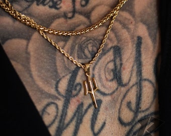 18k Gold Trident Man Pendant Chain Mens Trident Necklace Gold Man Pendant Poseidon Trident Vintage Necklace For Men Neptune Necklace