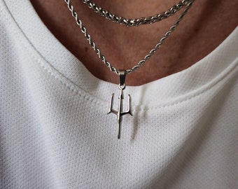Neptune Poseidon Trident Necklace 2pc Set, Mens Necklace, Greek Poseidon Trident Pendant, Stainless Steel, Necklace for men, Gift for him,
