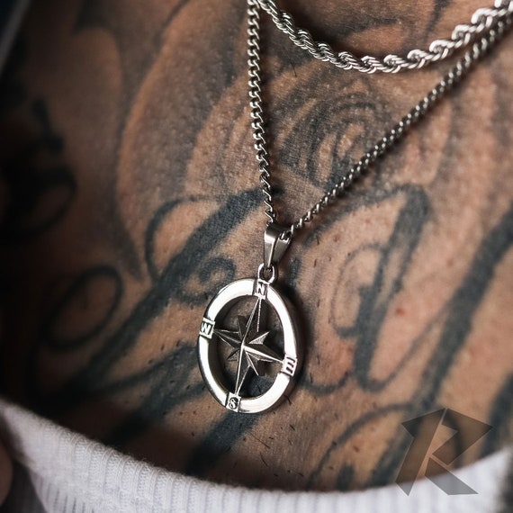 Silver Compass Necklace Set, Travel Necklace, North Star, Stainless Steel, Free Tracked Shipping, Gift for him, Chain & Pendant,