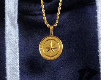 Mens Gold Compass Necklace, Stainless Steel, Mens Necklace, Travel Necklace, 18K Gold Necklace, Free Tracked Shipping, Gift for him,