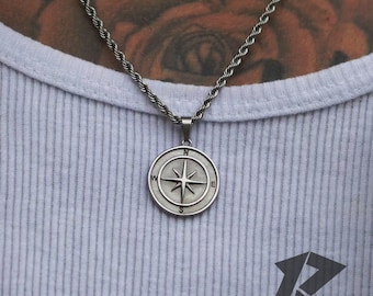 Silver Compass Necklace, North Star Necklace, Mens Necklace, Compass Necklace for Men, Silver Necklace for Men, Gift for him,