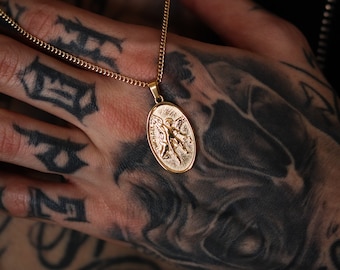 Archangel Saint Michael Men's Necklace, 18K Gold St Micheal Men's Pendant, Stainless Steel Charm Necklace, Gift For Men, Mens Necklace,