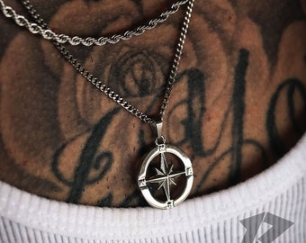 Silver Compass Set, Travel Necklace, North Star, Stainless Steel, Free Tracked Shipping, Gift for him, Chain & Pendant, Mens Necklace,