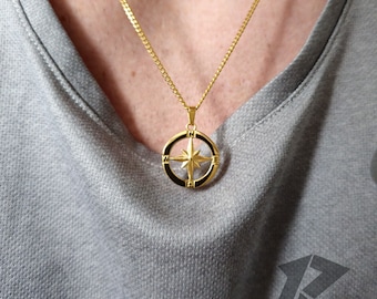 18K Gold North Star Necklace, Travel Necklace, Compass Stainless Steel, Free Tracked Shipping, Gift for him, Chain & Pendant, Mens Necklace,