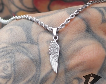 Silver Guardian Angel Wing Necklace, Mens Pendant, Mens Necklace, Stainless Steel, Free Tracked Shpping, Chain & Pendant, Gift for him,