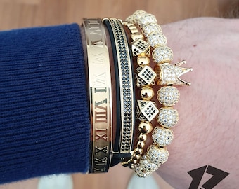 Gold Bracelet Set, Mens bracelet, Men Gold Bracelet, Stainless Steel, Free Tracked Shipping, Gift for him, 4 Piece Set, Beaded,
