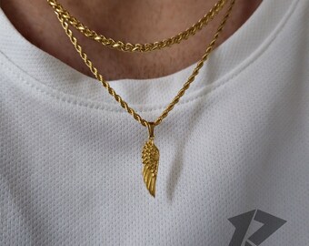 Juego de colgante de ala de oro de 18 quilates, colgante de ala para hombre, collar para hombre, acero inoxidable, envío con seguimiento gratuito, regalo para él, ala de ángel de la guarda,