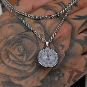 Silver Compass 2pc Set, Travel Necklace, North Star, Stainless Steel, Free Tracked Shipping, Gift for him, Chain & Pendant, Mens Necklace,