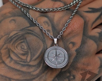 Silver Compass 2pc Set, Travel Necklace, North Star, Stainless Steel, Free Tracked Shipping, Gift for him, Chain & Pendant, Mens Necklace,