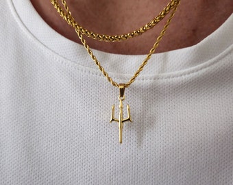 Trident Necklace 2pc Set, Poseidon Necklace, Trident Pendant, Neptune Necklace, Spear Necklace, Stainless Steel Necklace, Mens Necklace