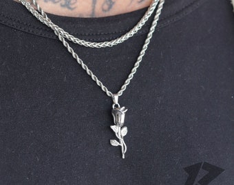 Rose Flower Necklace Set, Mens Necklace, Stainless Steel, Free Tracked Shipping, Gift for him, Chian & Pendant, Mens Necklace,